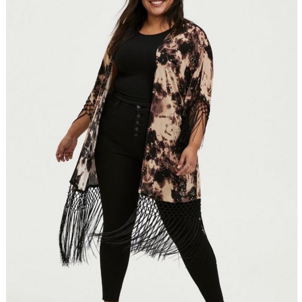 Torrid Plus Size 1X/2X Black Tie-Dye Crepe Fringe Kimono NWT
